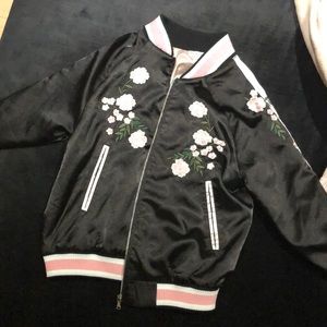Vintage silk like black floral bomber jacket